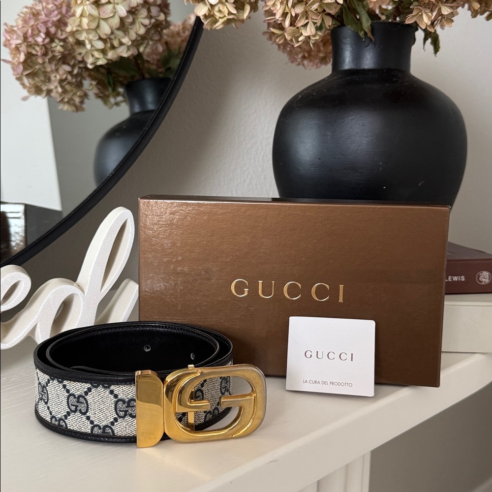 75 Gucci Beige/Black GG Canvas Leather Belt with Gold Double G Buckle reversible